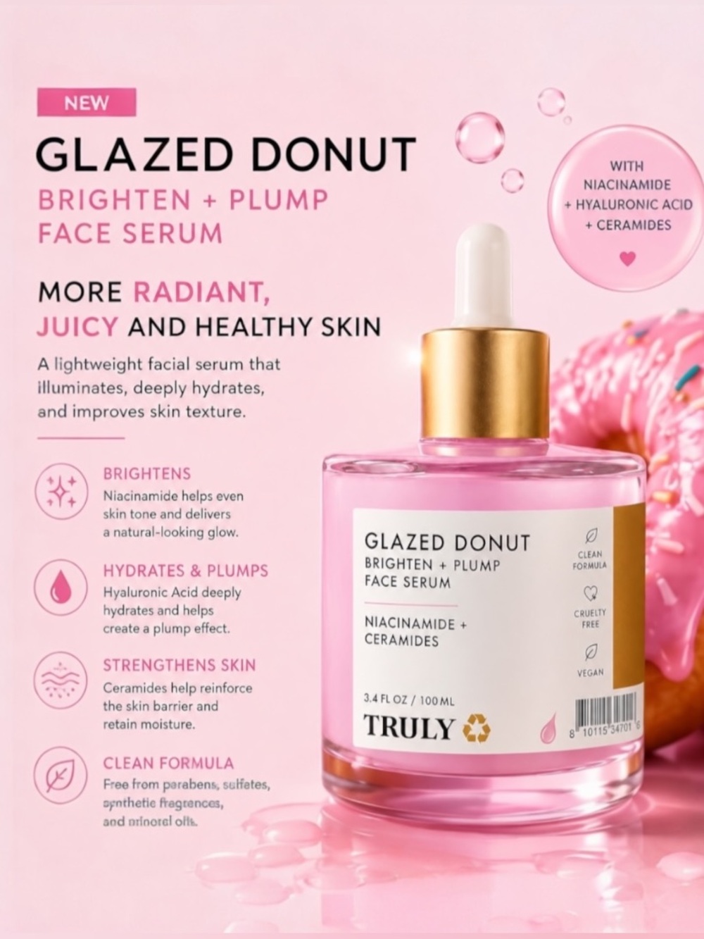 TRULY Glazed Donut Brighten + Plump Face Serum (3.4 oz / 100 ml)